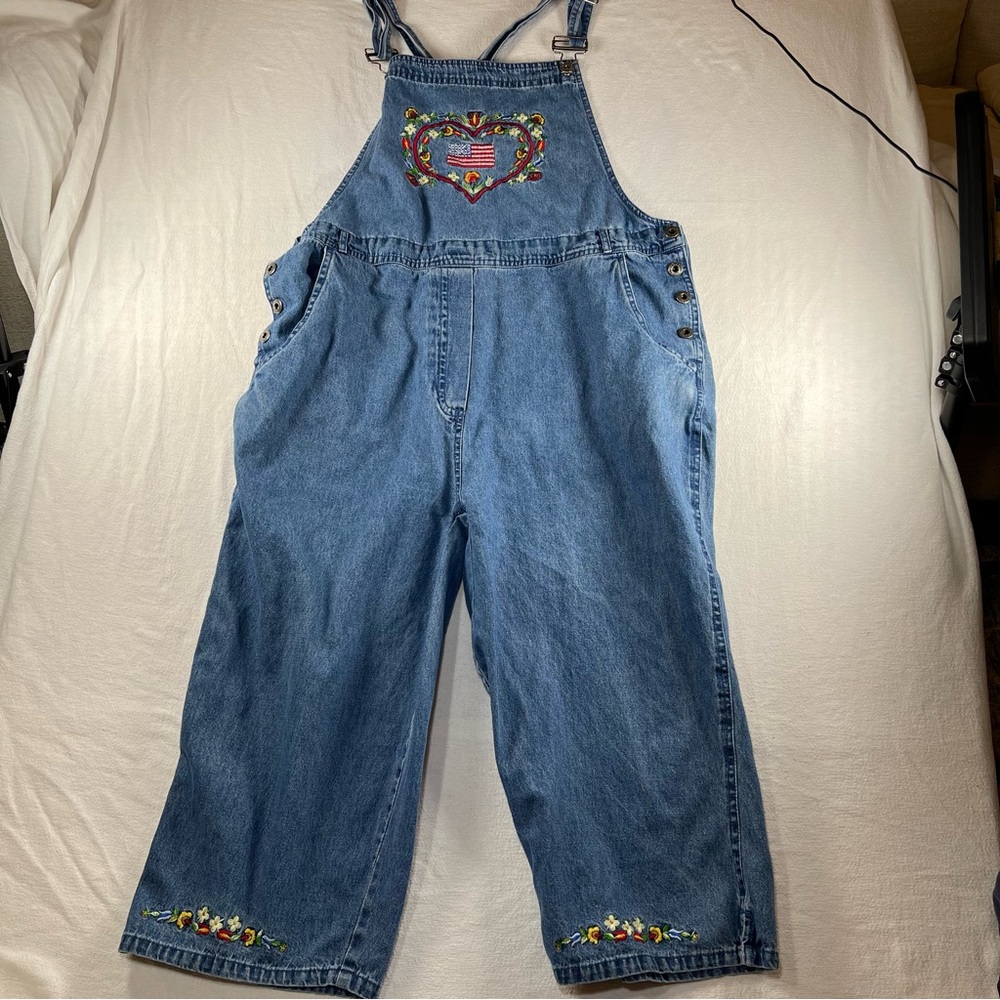 Denim Embroidered Americana Heart Overalls 2XL Floral Trim picnic boho vintage